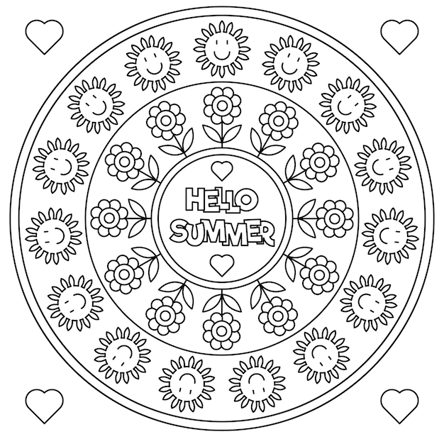 Hello Summer. Coloring page. Black and white illustration.