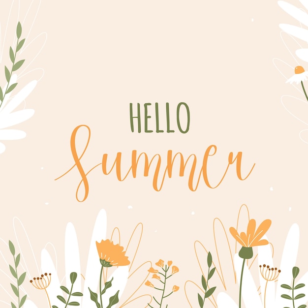 Hello summer Cream vector banner with yellow and white spring flowers Flat isolated flowers and plants