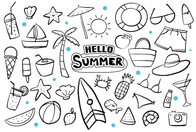 Hello summer doodle on white background Summer hand drawn symbols and objects