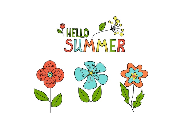 Vector hello summer flowers inscription isolated hand lettering banner poster colorful greeting card