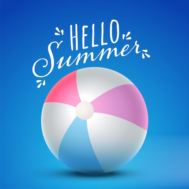 Hello Summer Font with 3D Glossy Beach Ball on Blue Background.