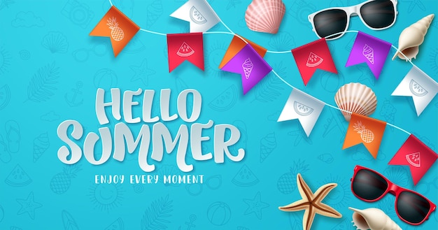 Hello summer greeting vector design Summer text in blue space with pennants element decoration