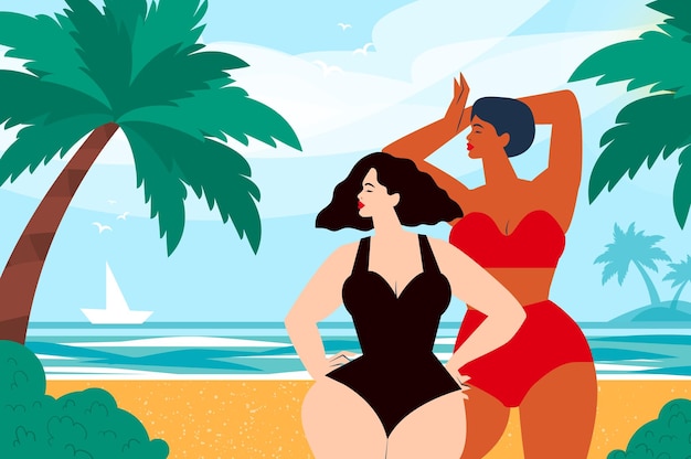 Hello summer Happy young women on a tropical beach wearing red and black swimwear Summertime Sea sky palms and beautiful beach