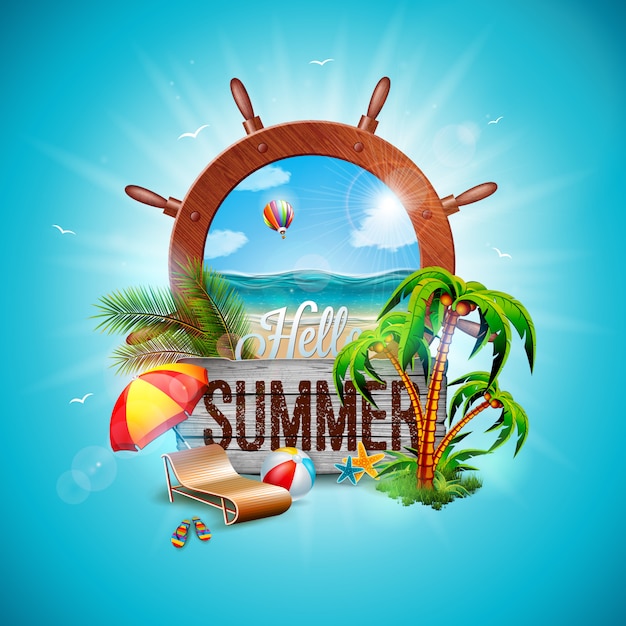 Hello Summer Holiday Illustration with Ship Steering Wheel