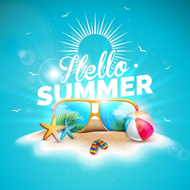 Hello Summer Holiday Illustration with Typography Letter and Sunglasses on Ocean Blue Background