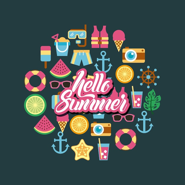 Hello summer icon set background