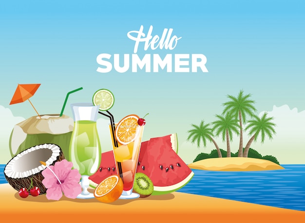 Hello summer illustration with cartoon elements