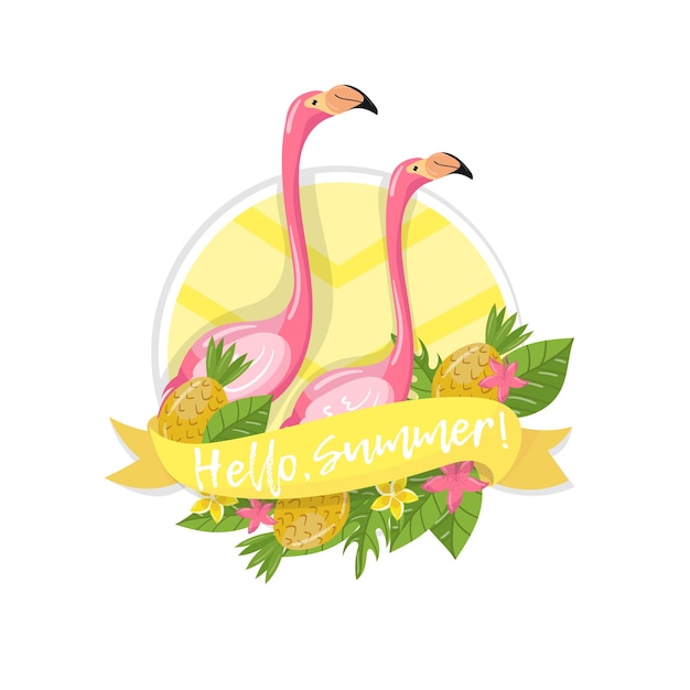 Hello summer label design element with palm leaves flowers pineapples and flamingo couple vector Illustration