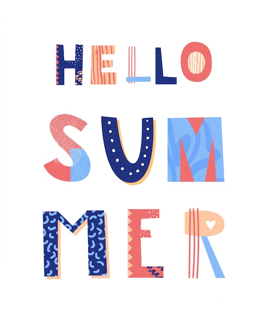 Hello summer lettering. Colourful poster. illustration.