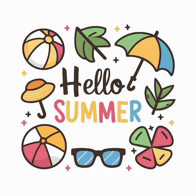 Hello summer lettering with beach elements