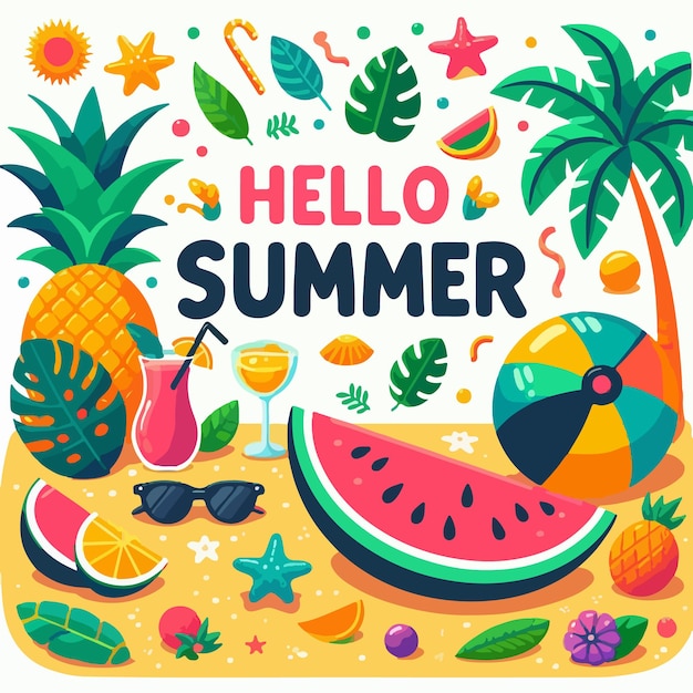 Hello summer lettering with beach elements