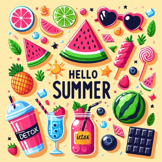 Hello summer lettering with beach elements