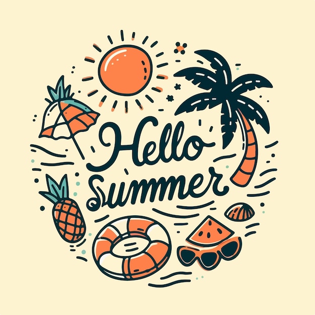 Hello summer lettering with beach elements