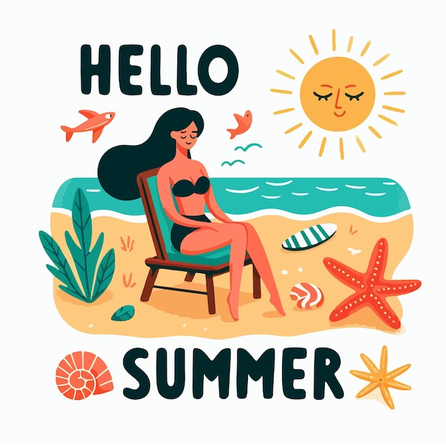 Hello summer lettering with beach elements