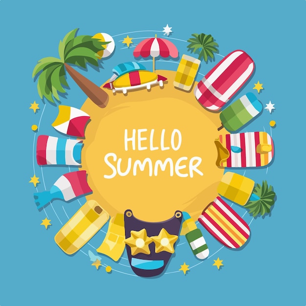 Hello summer lettering with beach elements