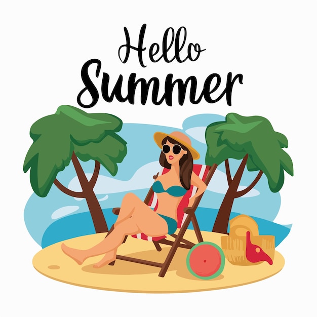 Hello summer lettering with beach elements