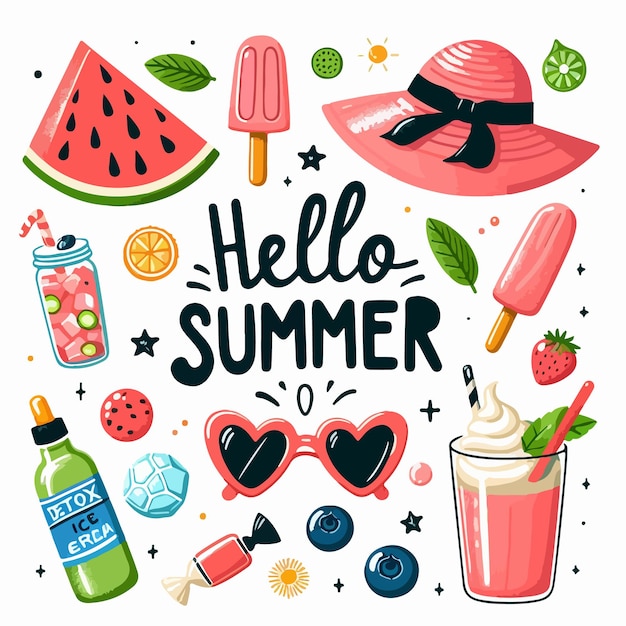 Hello summer lettering with beach elements