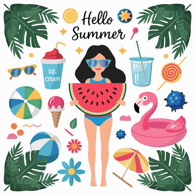 Hello summer lettering with beach elements