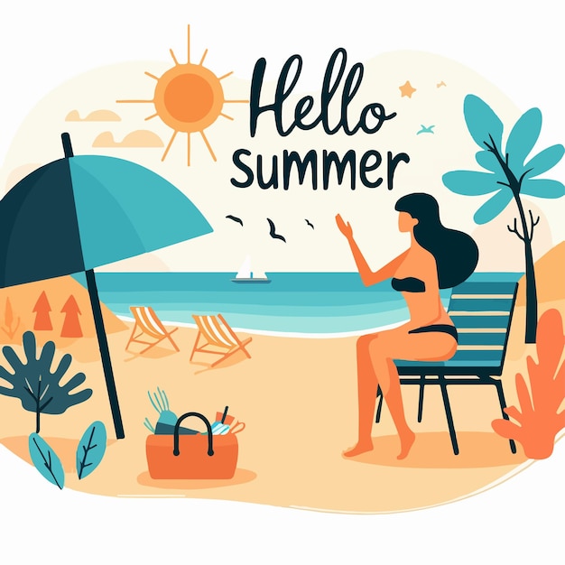 Hello summer lettering with beach elements