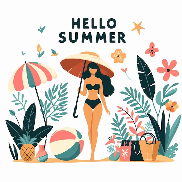 Hello summer lettering with beach elements