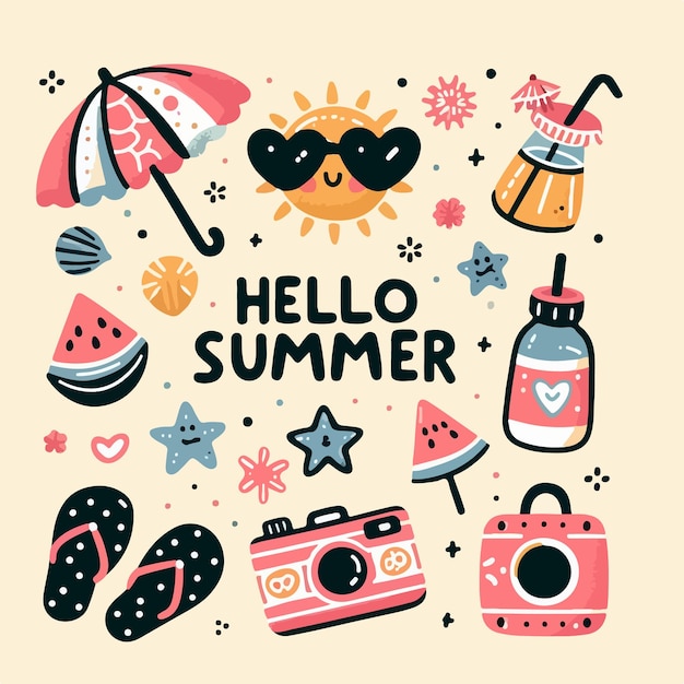 Hello summer lettering with beach elements