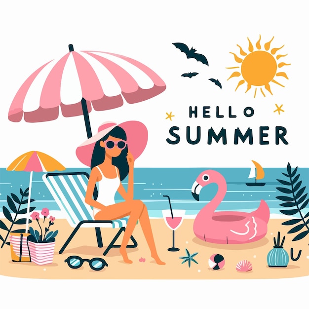 Hello summer lettering with beach elements