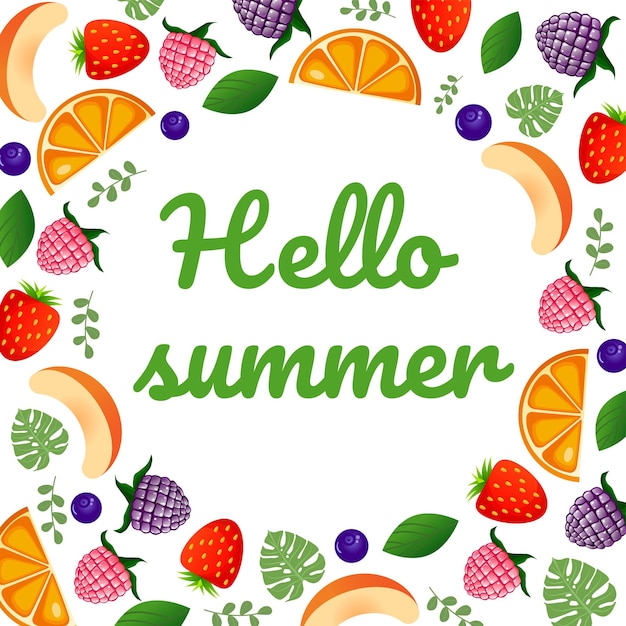 Hello summer lettering with raspberry blackberry strawberry blueberry peach orange monstera leaves