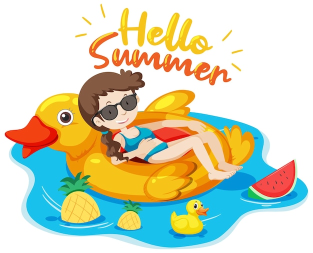 Hello Summer logo banner with a girl laying on swimming ring isolated