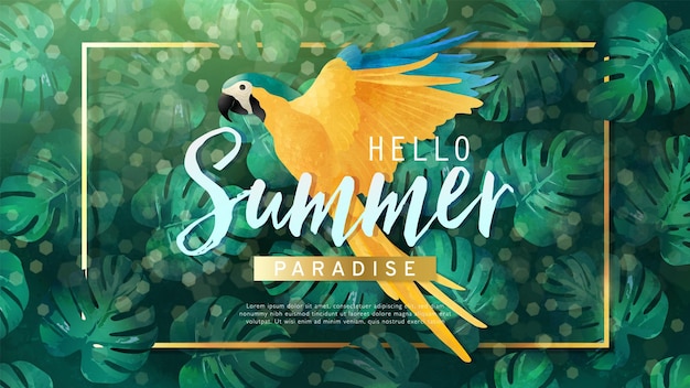 Hello Summer paradise banner with blue and gold macaw on tropical leaf background