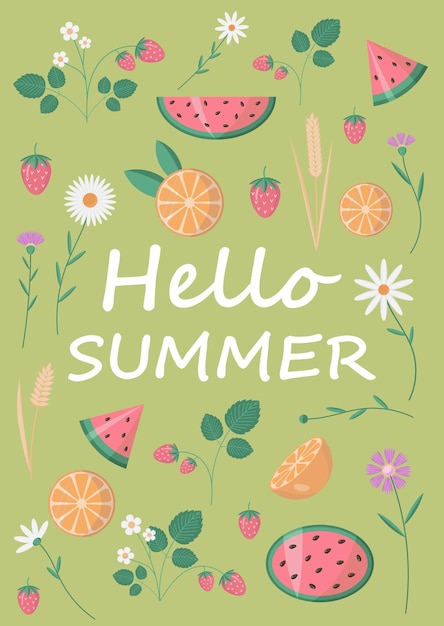 Hello summer postcard with fruits and flowers