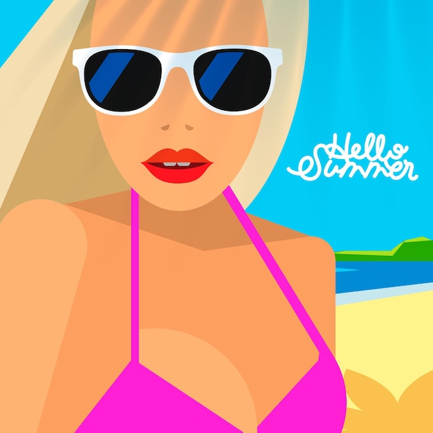 Hello Summer poster portrait of hot girl on a beach in pink bikini and sunglasses vector image