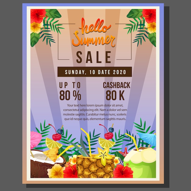 Hello summer poster template sale with cocktail drink vector illustration