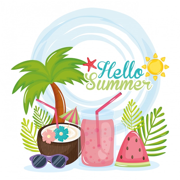 hello summer poster with holiday icons