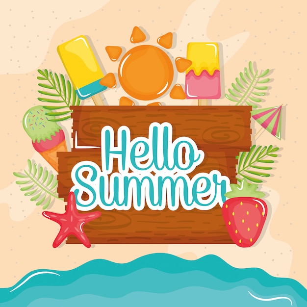 hello summer poster with wooden label and icons