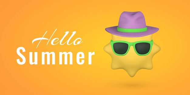 Vector hello summer promo banner design cartoon 3d sun with sunglasses and hat summertime object vector illustration