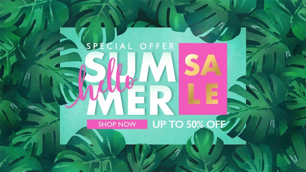 Hello summer sale banner decorated with frame on tropical leaf background