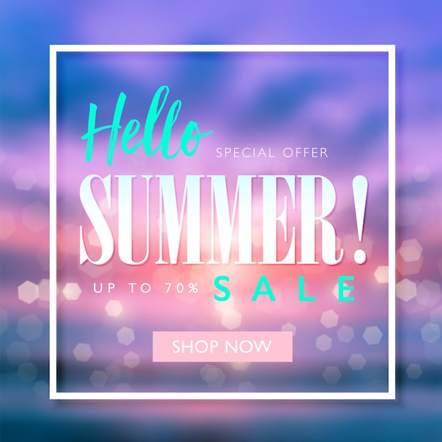 Hello summer sale banner with sunset beach background