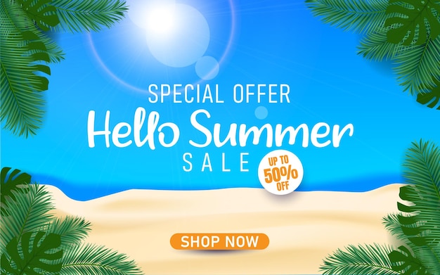 Hello summer sale with Sea beach and palm tree leaves