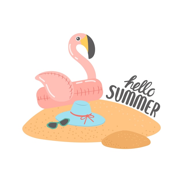 Hello summer set of elements on sand vector illustration