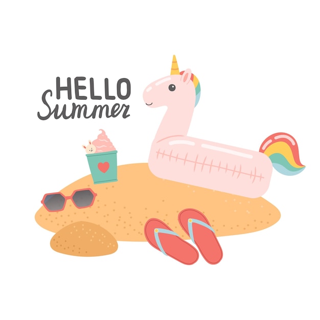 Hello summer set of elements on sand vector illustration