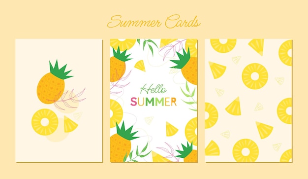 Hello Summer Set of Summer Bright Sunny Postcards with Pineapple and Tropical Leaves Summer Poster