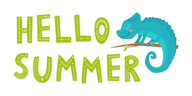 HELLO SUMMER slogan with cute chameleon coming out of paper illustration