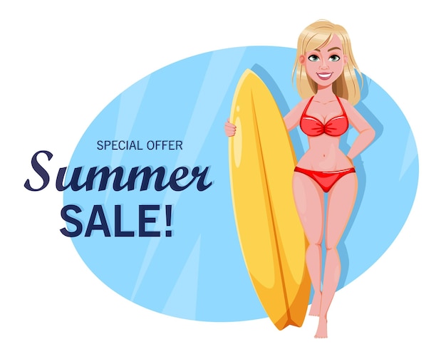 Hello summer Summer sale concept Cute surf girl cartoon character