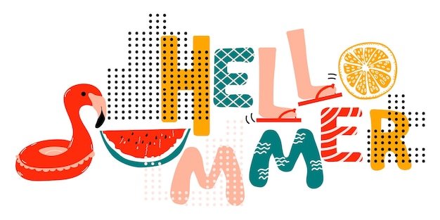 Hello Summer text Waves inflatable flamingo circle watermelon Vector lettering