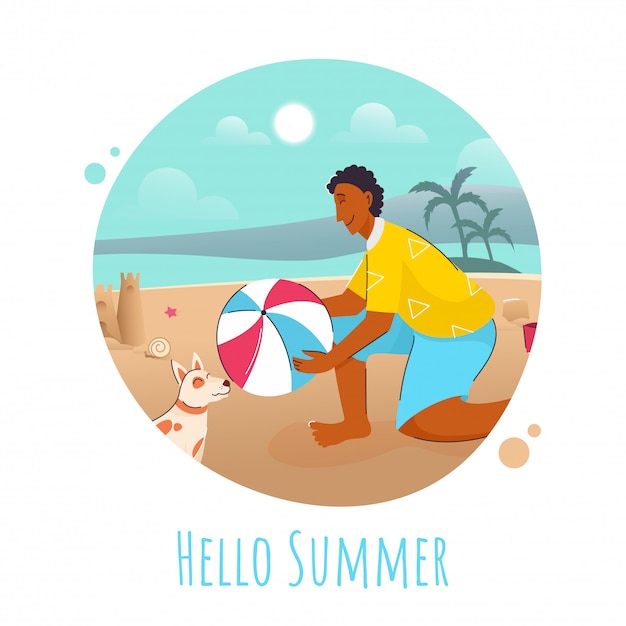 Hello Summer Text with Young Boy holding a Ball and Dog Animal on Morning Sand Beach View Abstract Background.