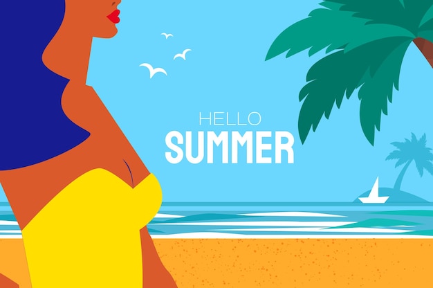 Hello summer Time to travel Happy young woman with sunburnt skin on a tropical beach wearing bright yellow swimwear Summertime Sea sky palms and beautiful beach