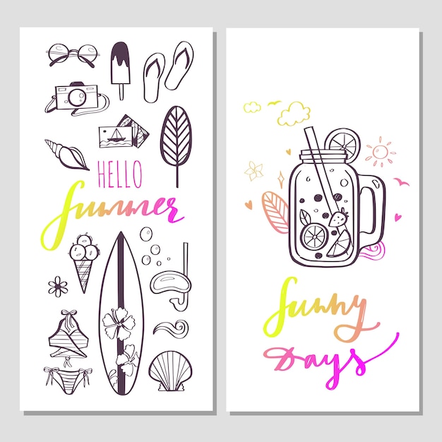 Hello Summer trendy banners with hand drawn illustrations and handwritten calligraphy