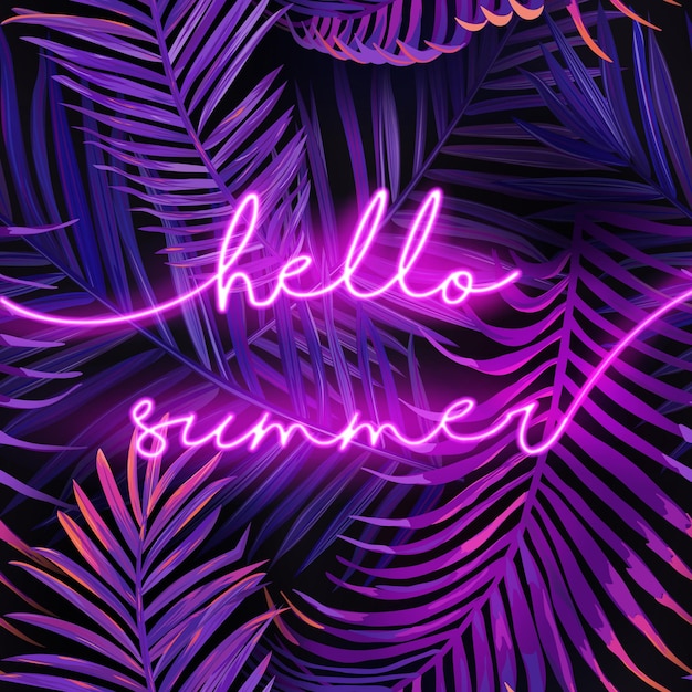 Vector hello summer typography banner with palm leaves. summer neon signboard background. tropical illuminated poster with exotic plants for advertising. vector illustration