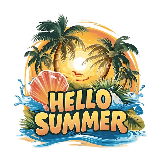 Hello Summer Typography Fashion Vector Tshirt Design for men and women with palm tree sun water