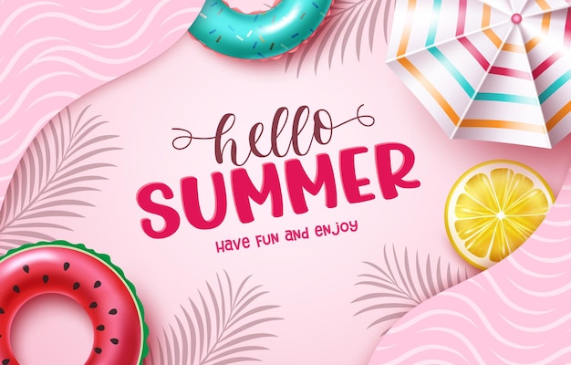 Hello summer vector background design Hello summer text in pinks decoration with tropical fruit